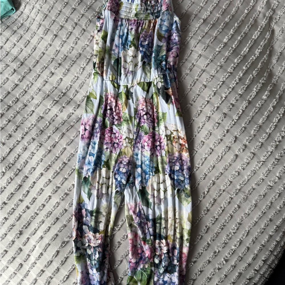 Posh Peanut Pastel Floral Smocked Jumpsuit in White and Multi